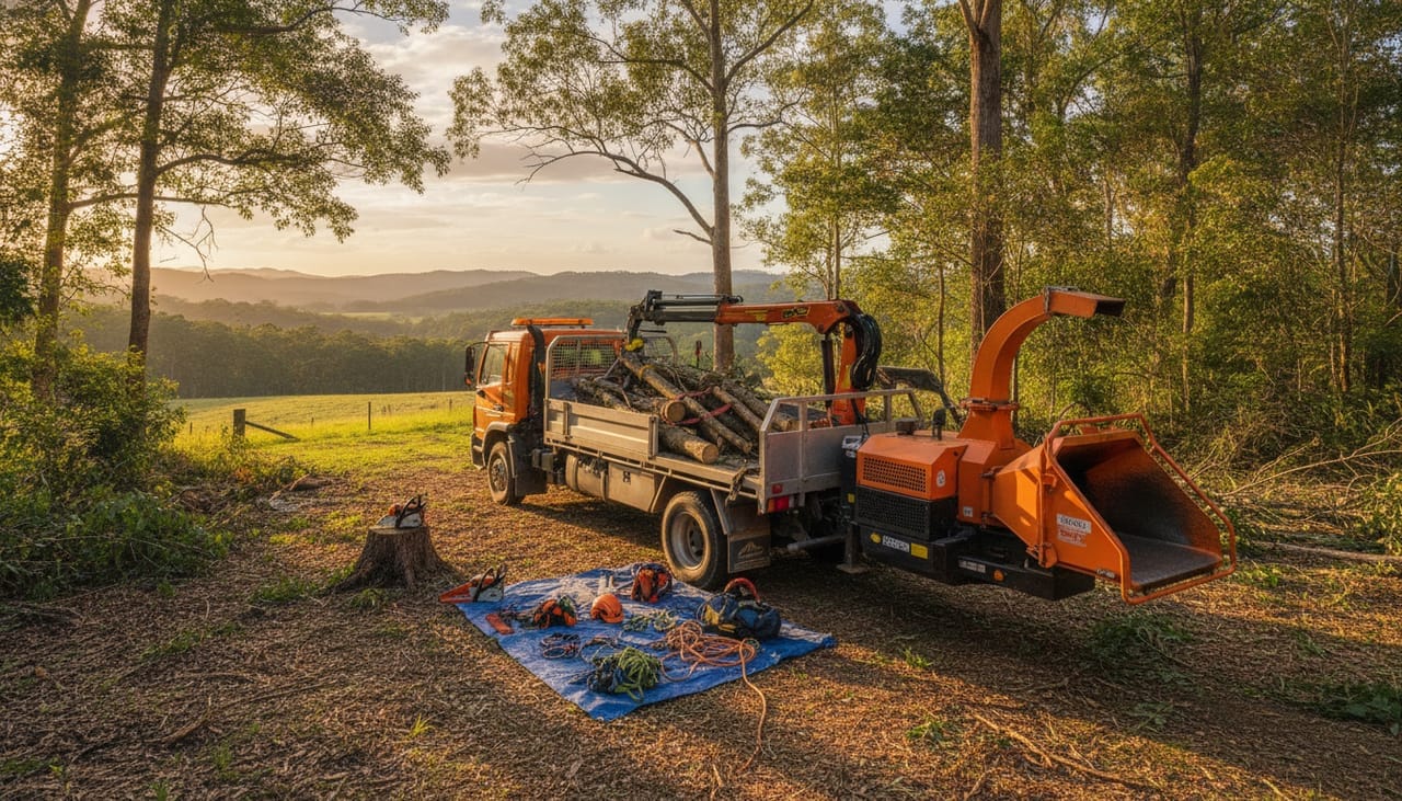Brisbane South Arborist work truck and wood chipper on site in the Brisbane South